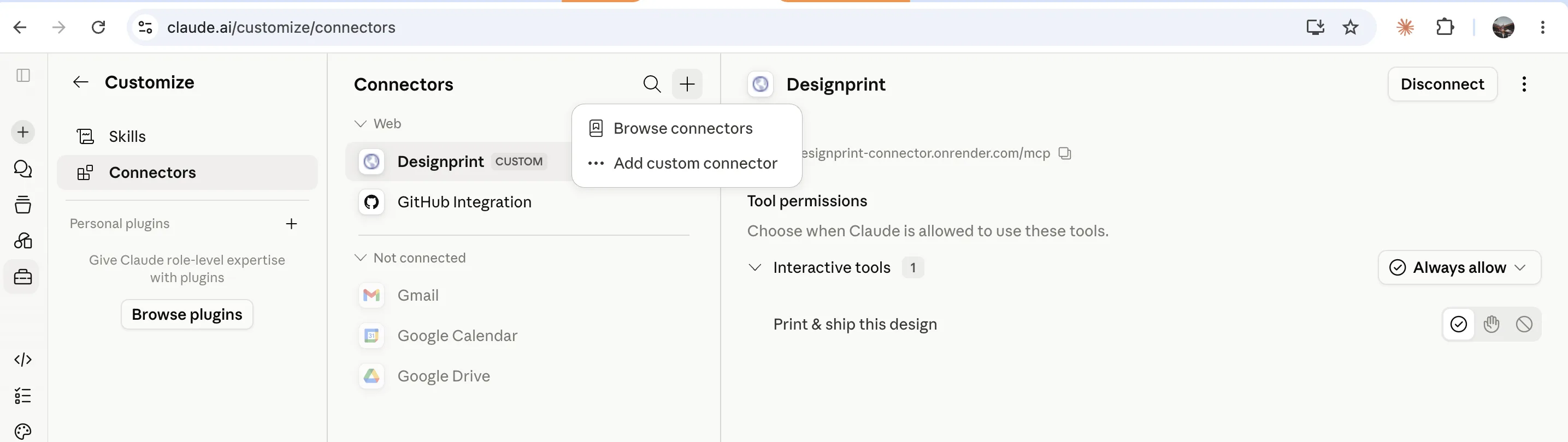 Claude Connectors settings with the plus menu open showing “Add custom connector”.