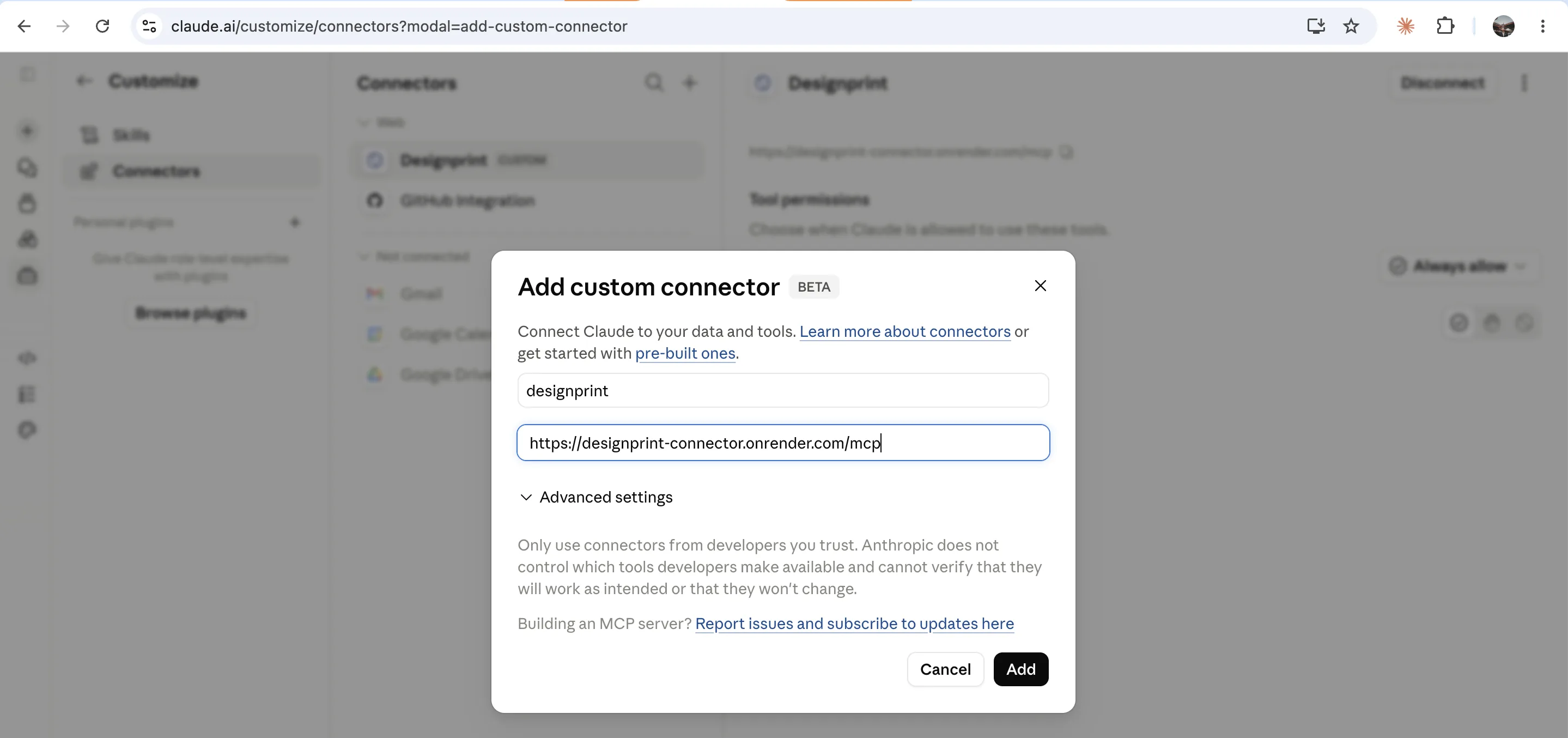 The “Add custom connector” dialog with the name designprint and the connector URL filled in.
