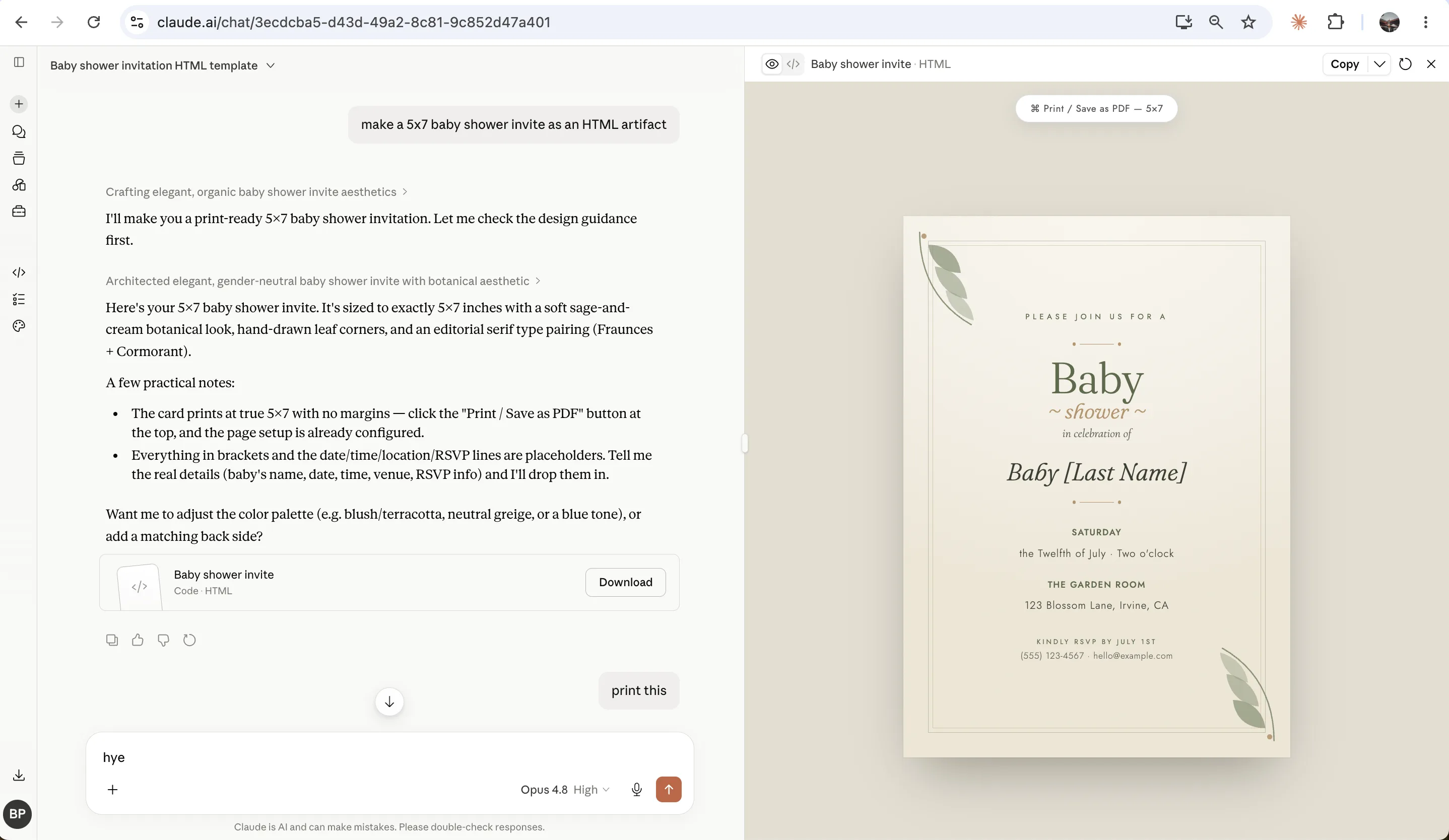 A Claude chat that generated a 5 by 7 inch baby shower invitation.