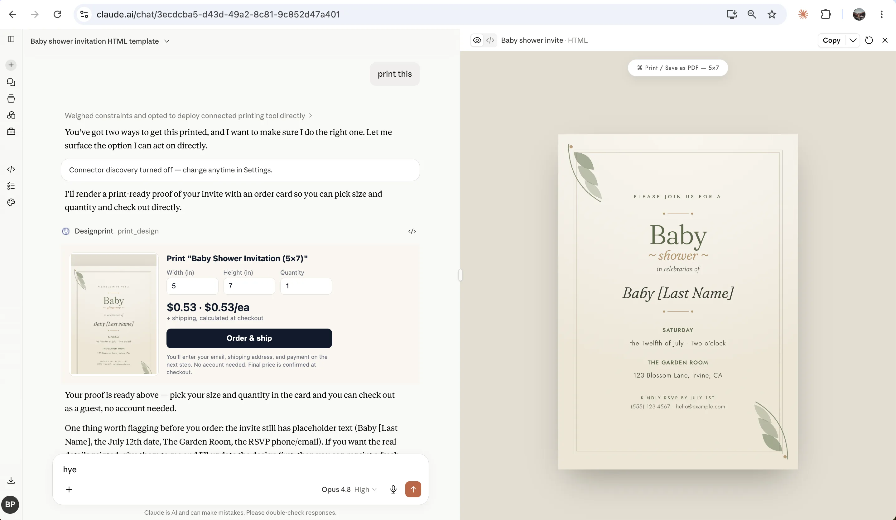 The Designprint order card inside the Claude chat showing a preview, size, quantity and price.