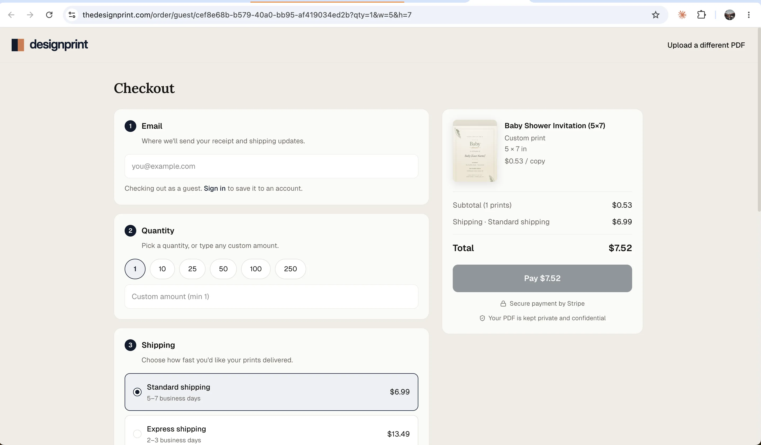 The guest checkout page with email, quantity, shipping options and an order total.